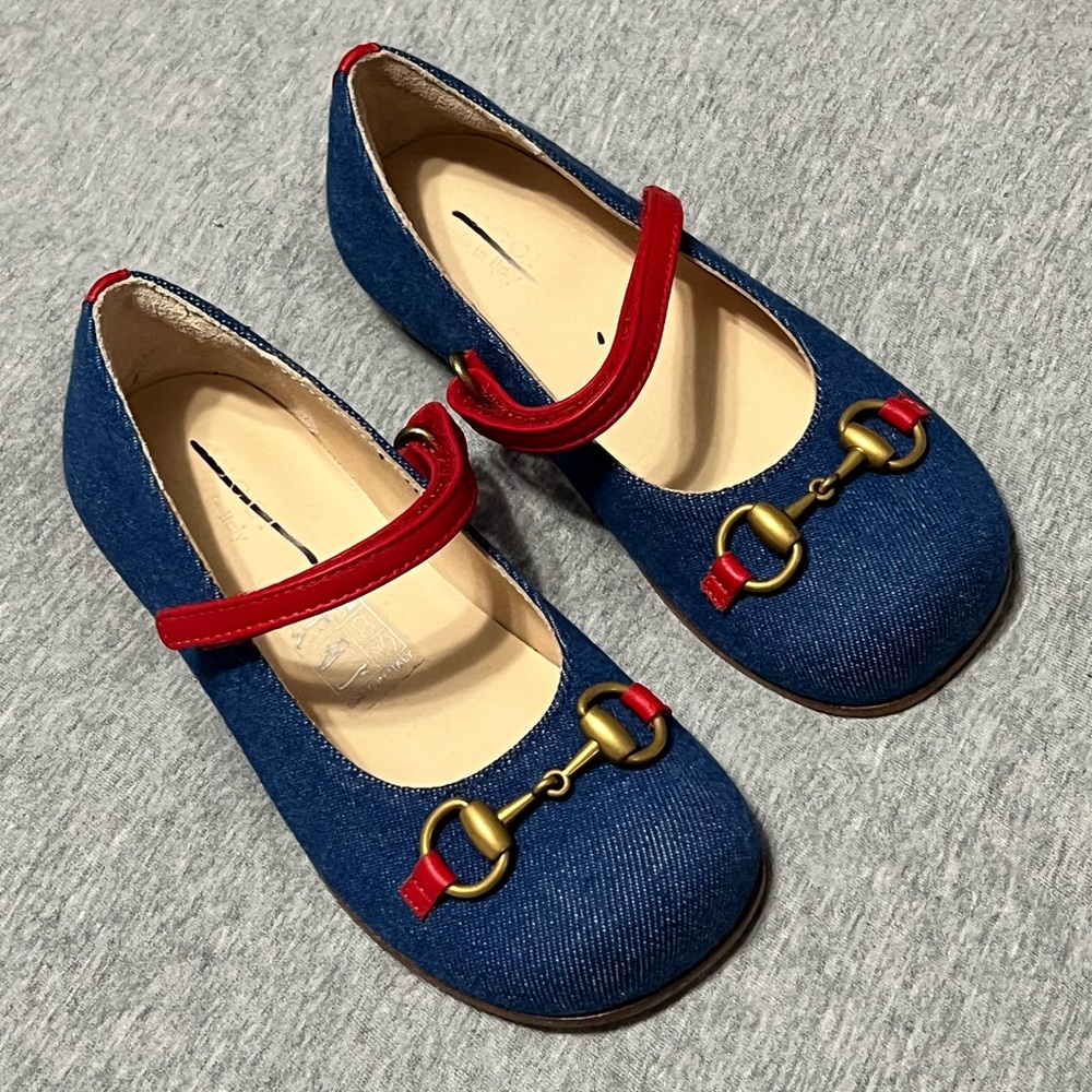 Gucci Blue and Red Flats with Gold Buckle